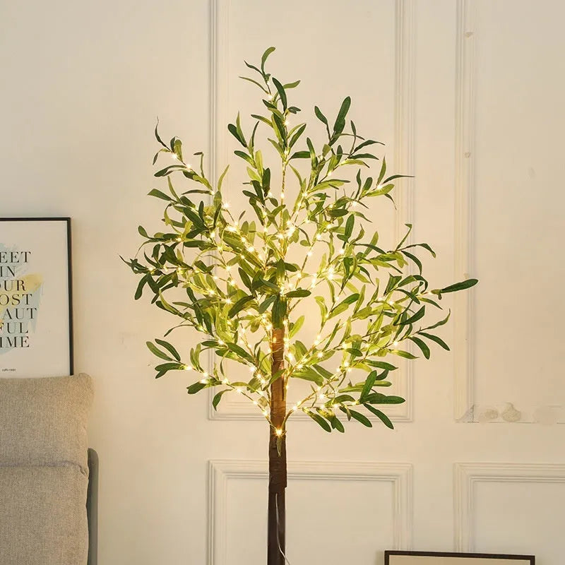 1.8 metre tall artificial olive tree lamp with warm white LED lights in foliage