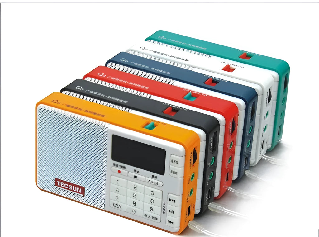 Tecsun Q3 digital audio player and broadcast recorder in one of six colour options.