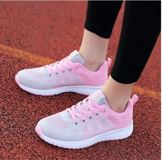 Women's breathable mesh sports shoes in black, pink or rose red with flat heel and MD sole, sizes EU 35-39