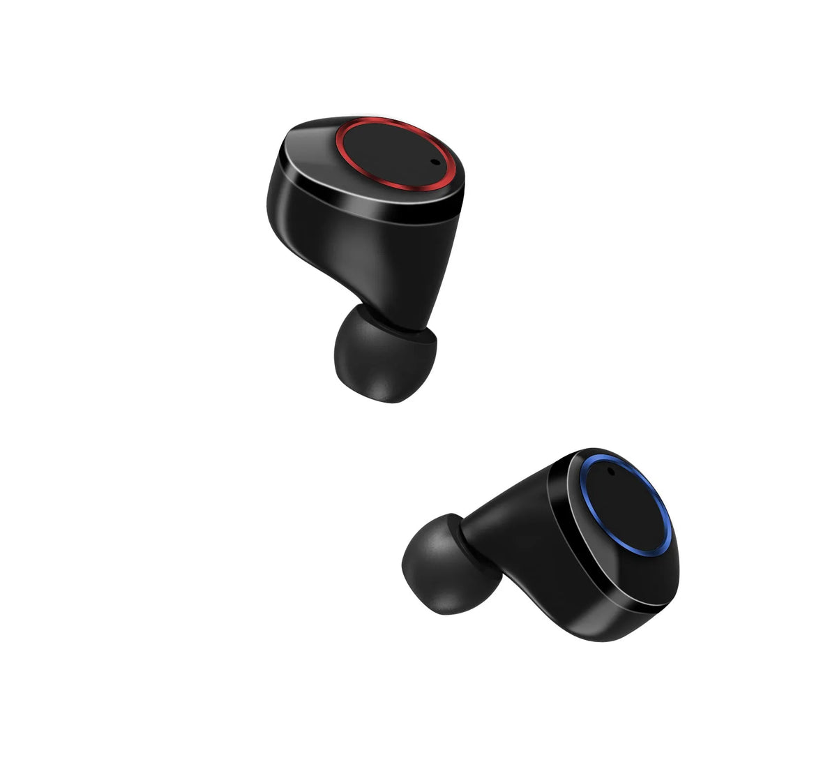 Black X11 wireless Bluetooth earbuds with charging case and six silicone ear sleeves on a white background.