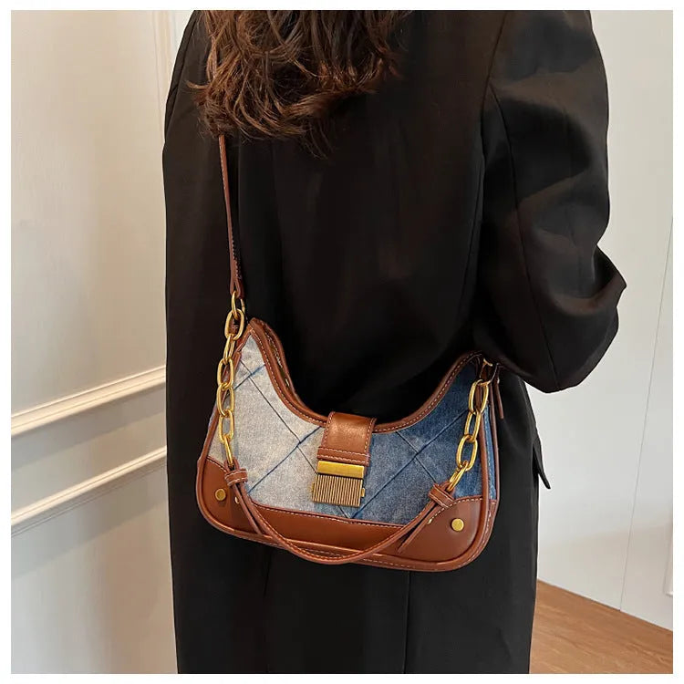 Brown denim women's shoulder bag with diamond mesh panel and chain strap detailing