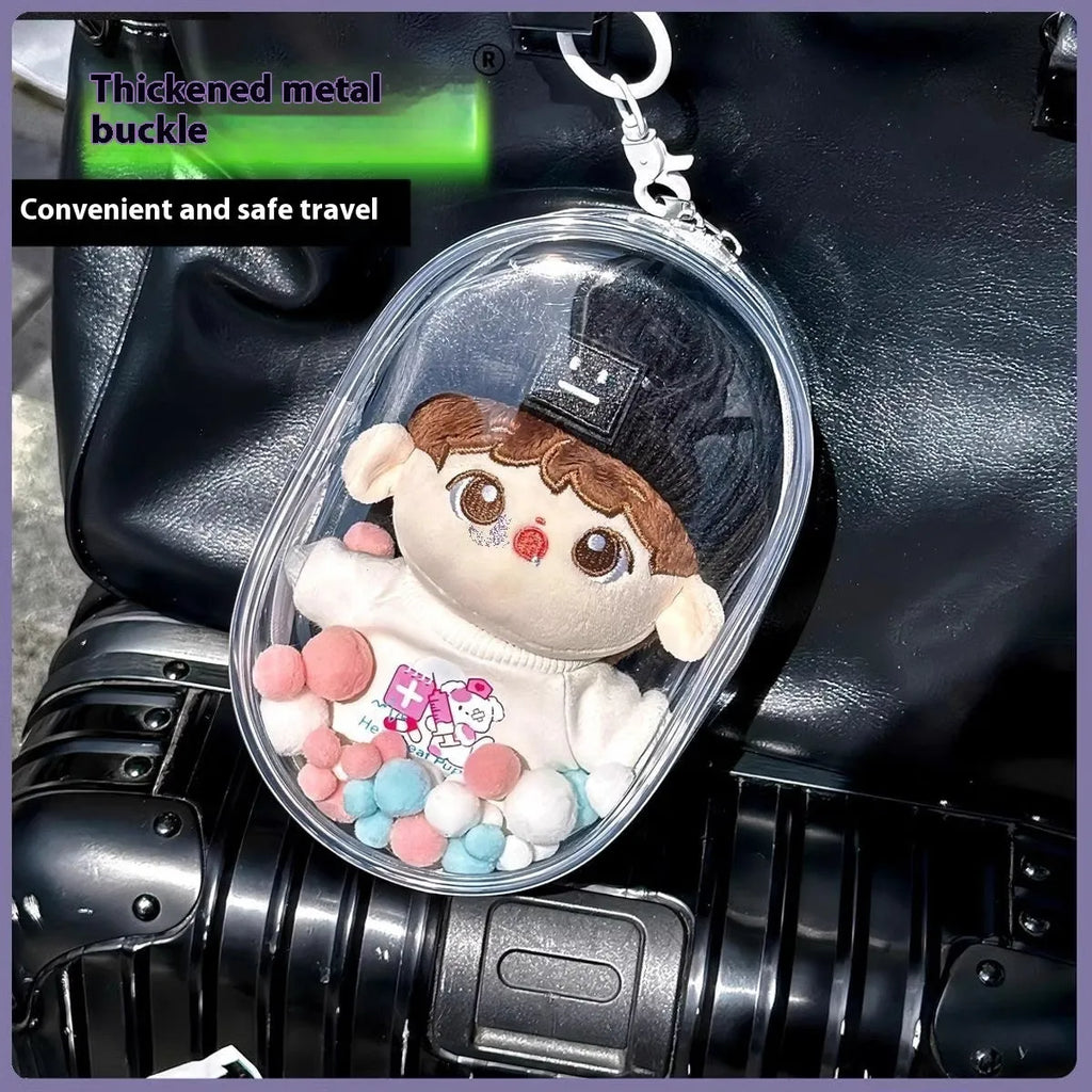 Clear PVC cube storage bag with keychain in avocado green, showing its cube shape and size.