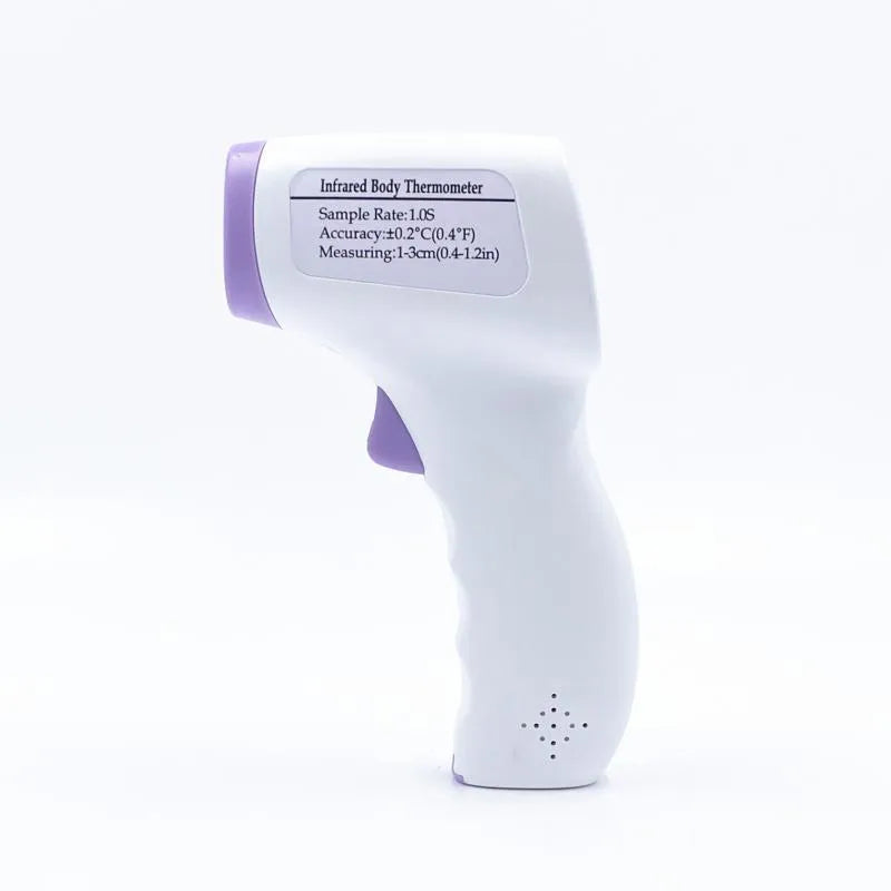 White digital non-contact thermometer for clinical temperature measurement.