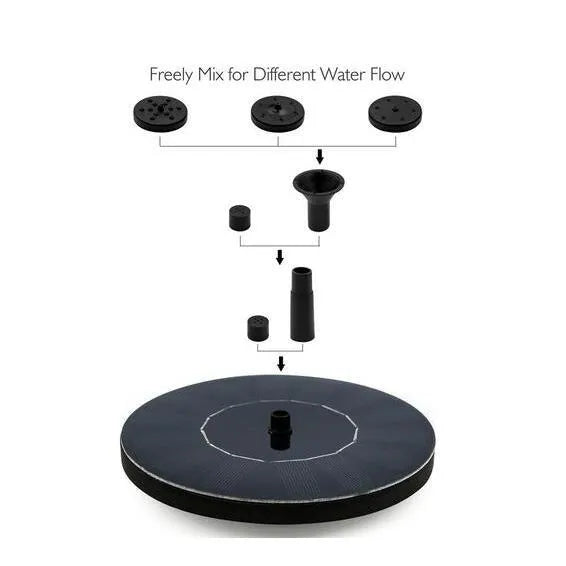 Black solar-powered floating water fountain pump with four spray nozzles on a 16cm square base.