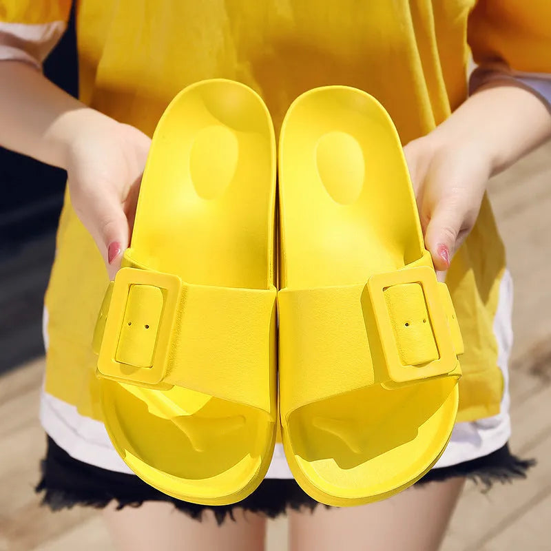 Women's grey blue buckle closure flip-flop slippers with soft EVA sole