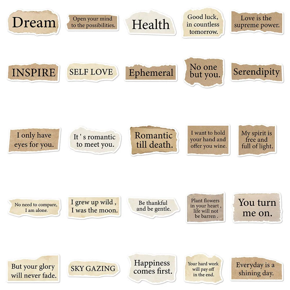 Pack of 25 torn English style PVC waterproof stickers for laptop and notebook decoration measuring 4-7cm
