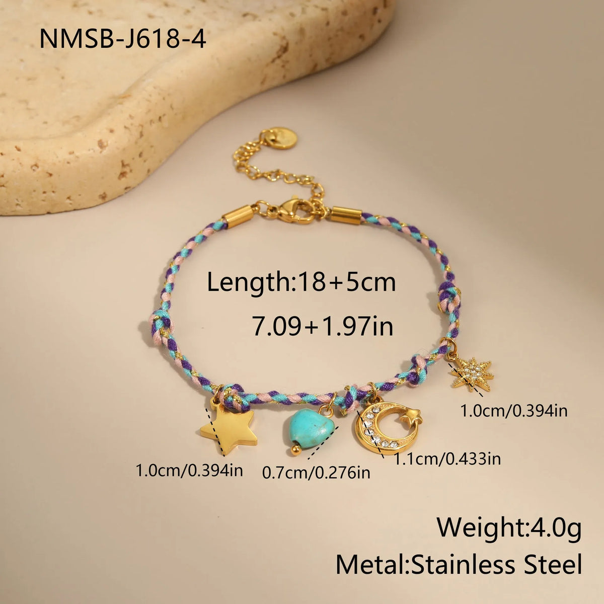 Handmade braided rope titanium steel necklace and bracelet with heart, star, or geometric pendant on a stainless steel chain.