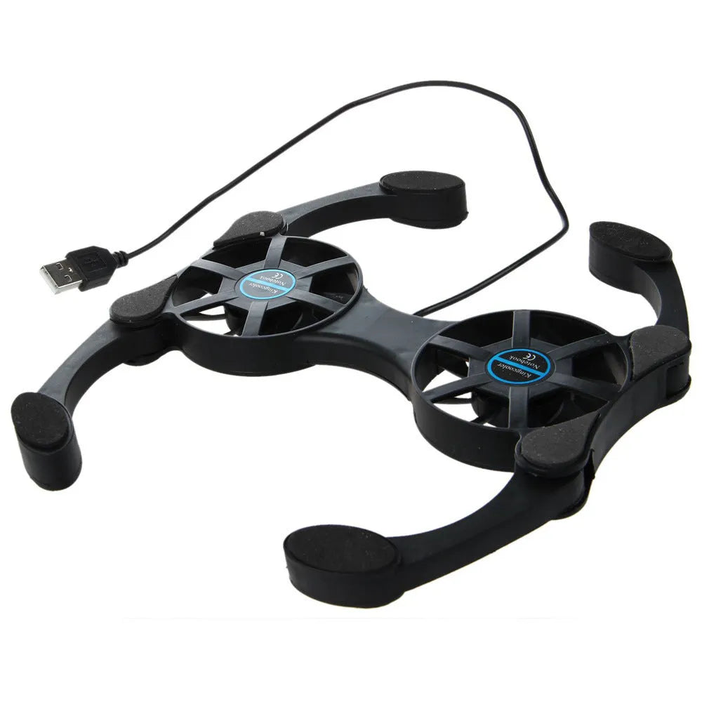 Black folding laptop cooling pad with two 70mm fans, USB powered, for 7-15 inch notebooks