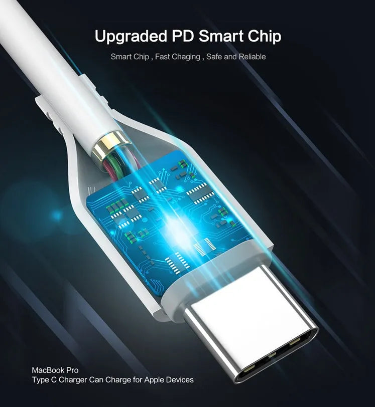 White nylon-braided USB-C to Lightning cable showing connectors and 1 metre length