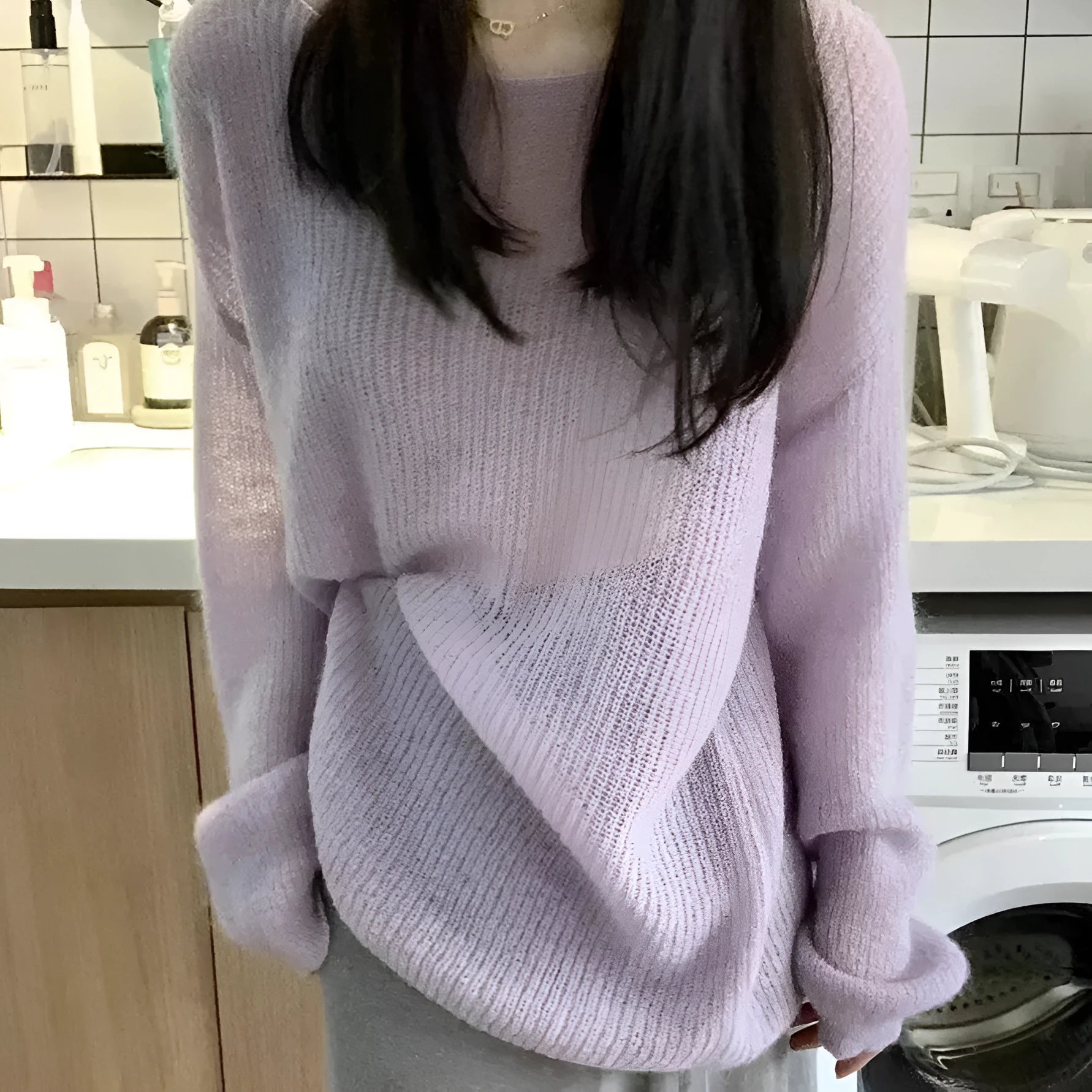 Purple women's blouse with hollow out design, Princess sleeves, and a shoulder strap, made from lightweight Ice Silk fabric.