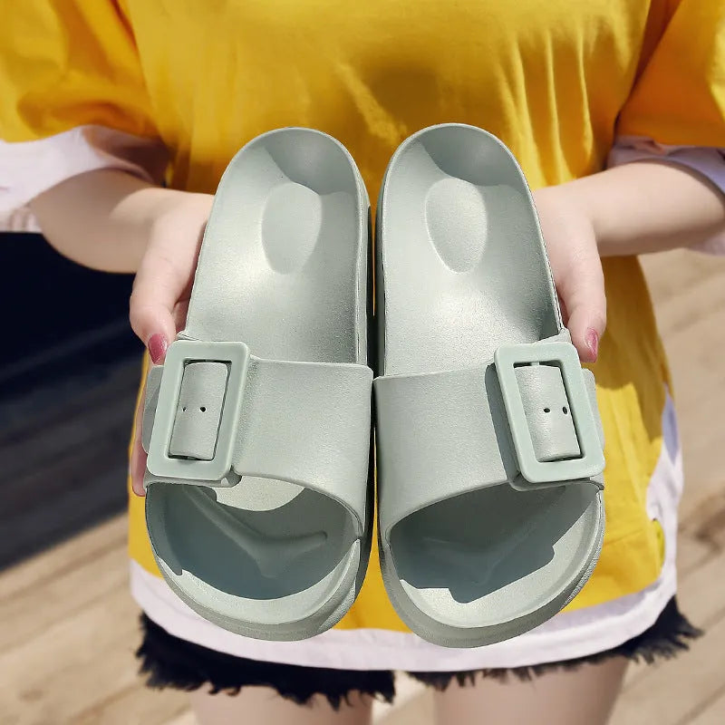 Women's grey blue buckle closure flip-flop slippers with soft EVA sole