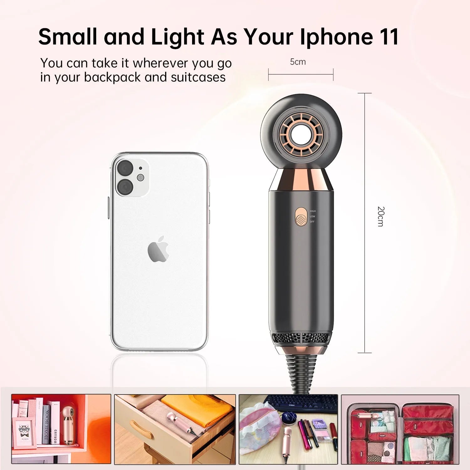 Compact white hair dryer with diffuser accessory showing 20cm length scale