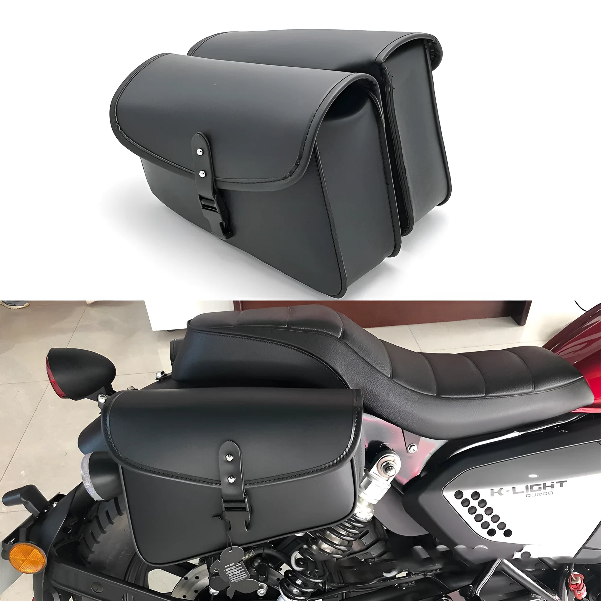 Black PU leather motorcycle swingarm saddlebag mounted on Sportster side