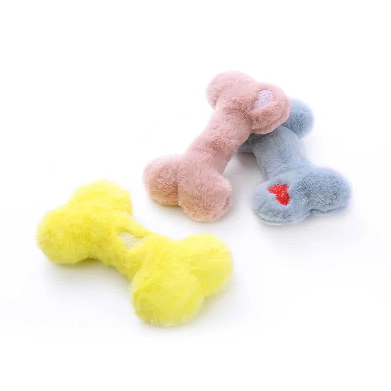 Plush love bone dog toy with squeaker in blue pink yellow colours