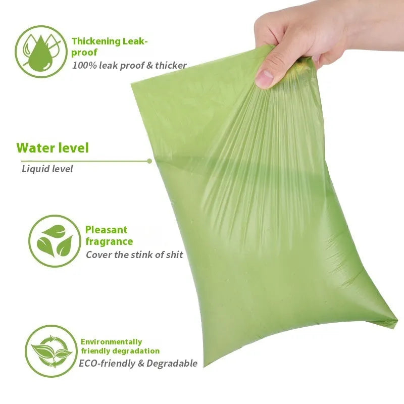 EPI degradable pet waste bag rolls in green, black, blue, and orange colours with a capsule dispenser.
