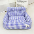 Grey and blue plaid car-mounted pet nest for dogs with stain-resistant cloth construction