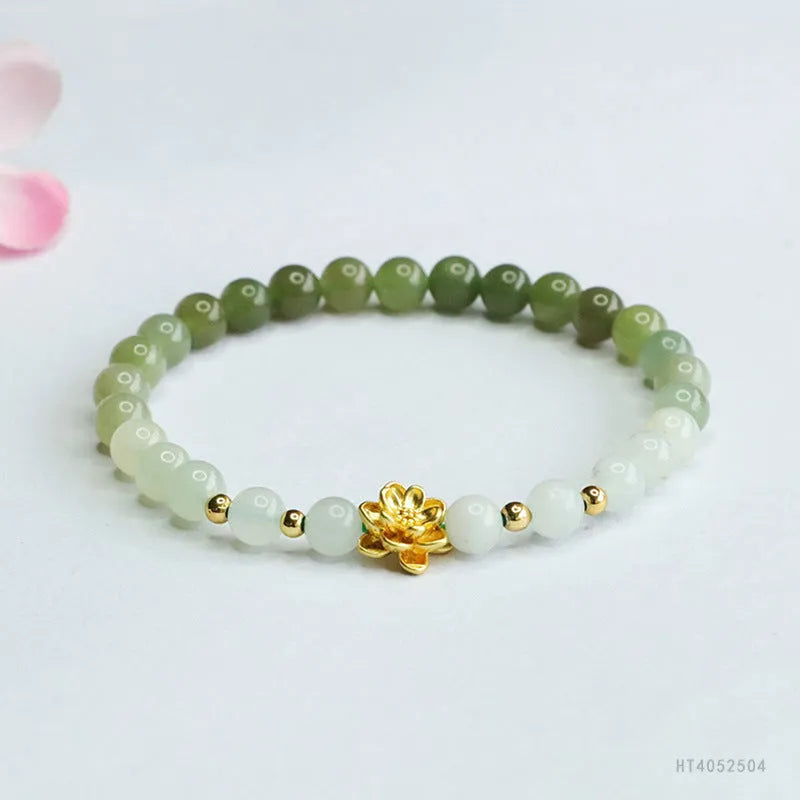 Hand-woven clear water gradient Hetian jade bracelet with 6mm flower beads