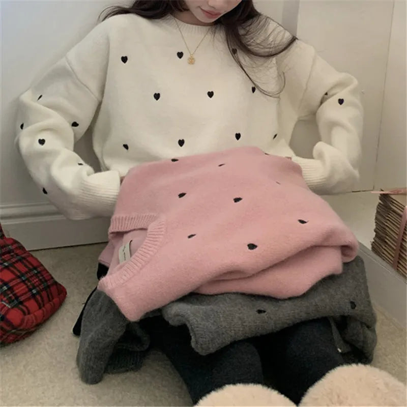 Women's loose acrylic crew neck pullover sweater with love embroidery in milky white, grey, or pink