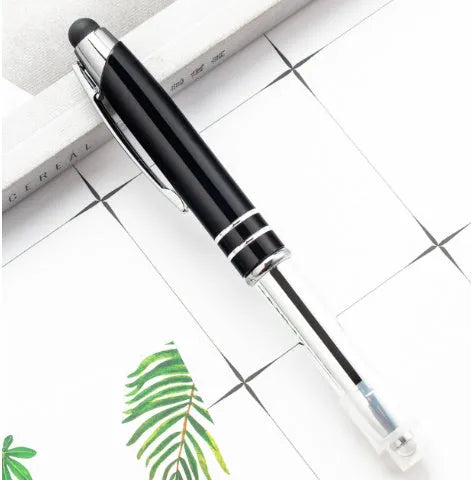 Multifunctional metal capacitive stylus pen with LED light in five colour options showing bullet type tip