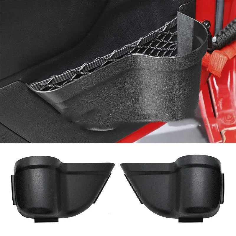 Black ABS door storage box installed on Jeep Wrangler interior door panel