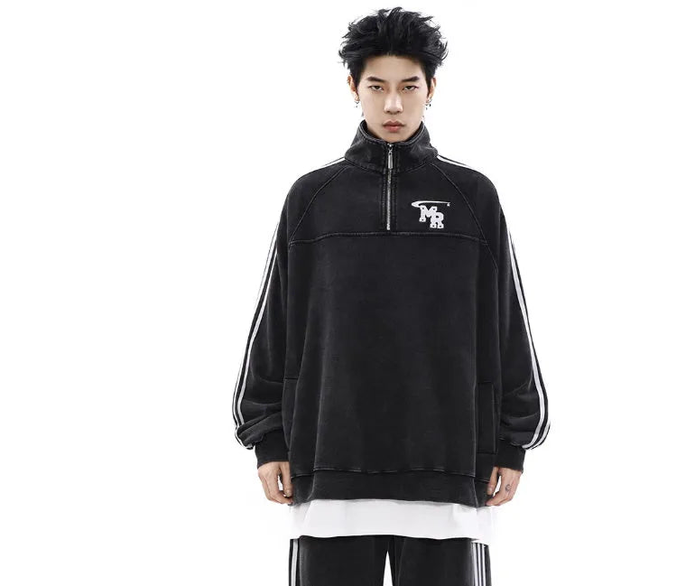 Black Hong Kong style polyester hoodie jacket with high street stand collar design