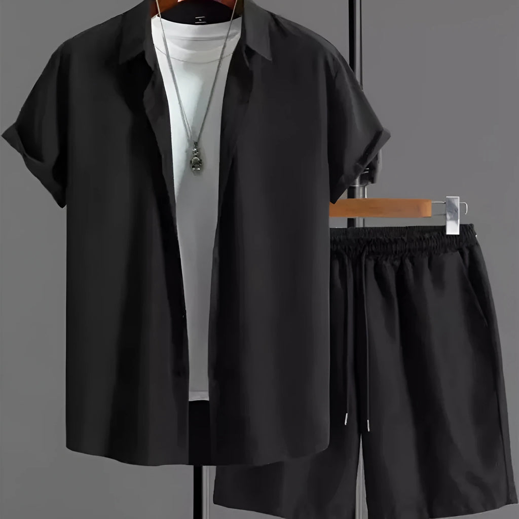 Jacquard short sleeve suit set in chemical fibre blend fabric available in beige, black, grey, or white