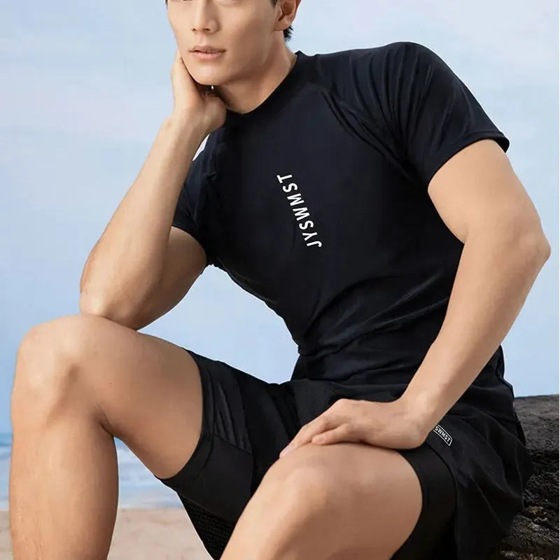 Men's patterned swimming trunks set with top and pants in polyester fabric