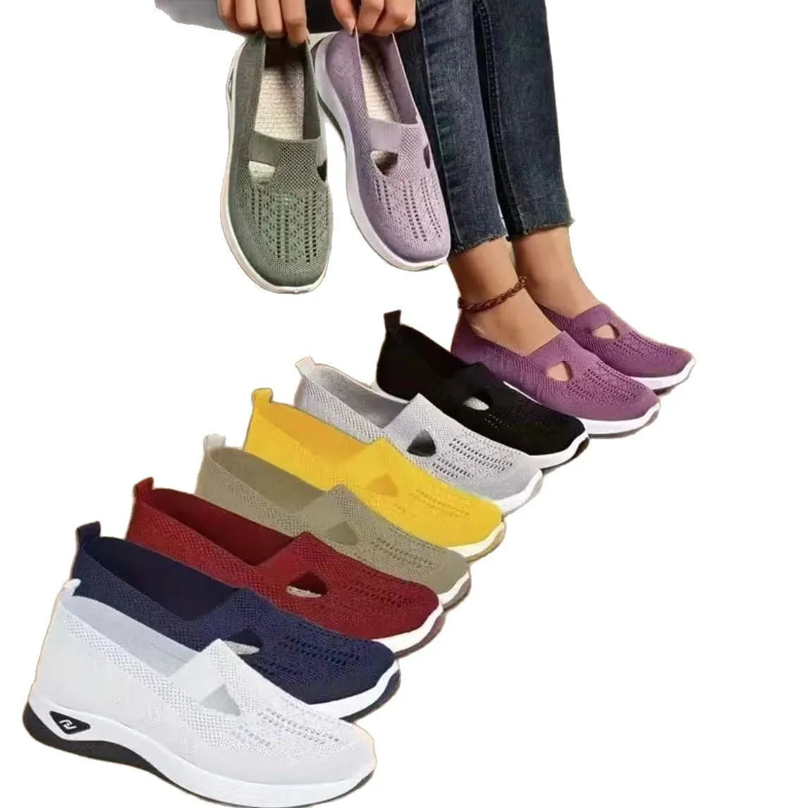 Pair of low top casual mesh shoes with T-strap and soft PVC sole in solid colour for elderly women