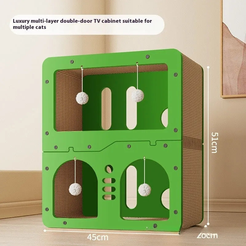 Double-layer cat scratching board and nest in a choice of styles including big eyes, cat head, owl, or double door.