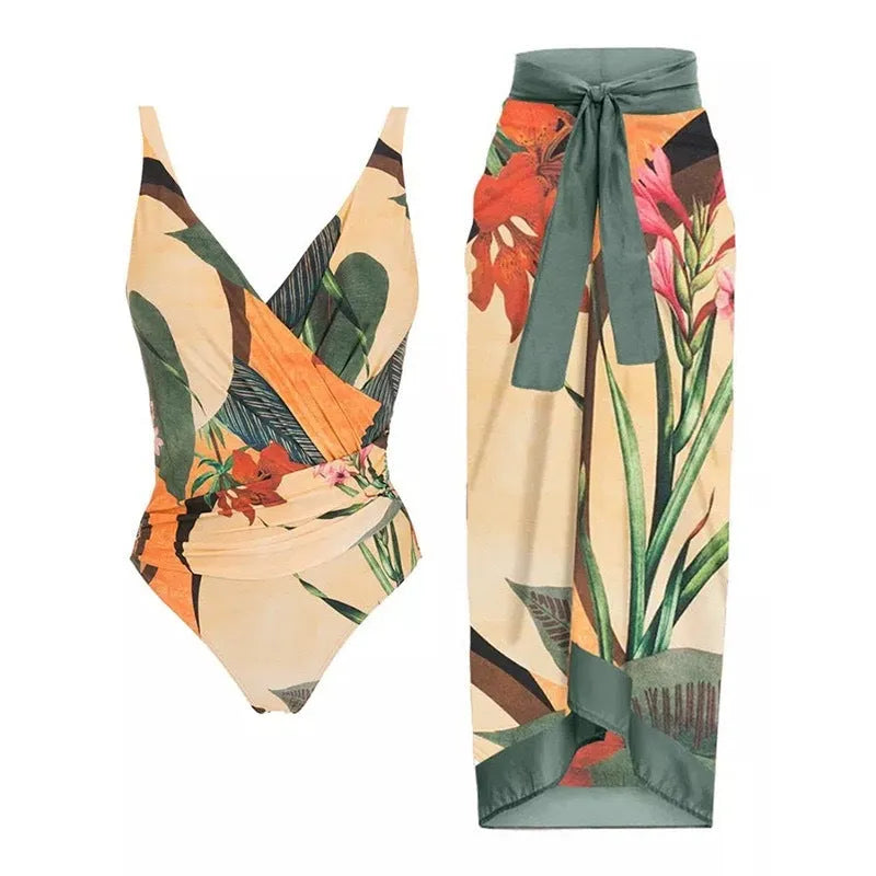 Women's solid colour one-piece swimsuit with spaghetti straps and attached skirt in polyester fabric