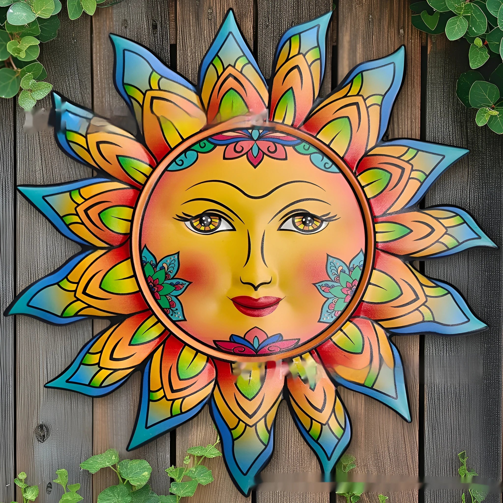 Iron sun face wall hanging decorative craft in a choice of colours for indoor or garden use.