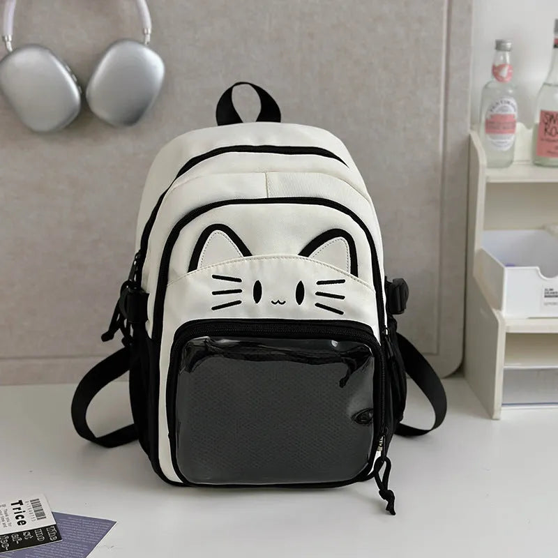 Korean cartoon anime style large capacity nylon backpack in various colours with curved shoulder straps.