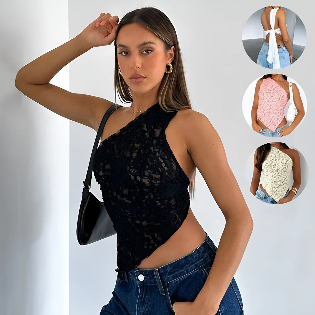 Women's lace backless top with asymmetrical neckline in solid colour