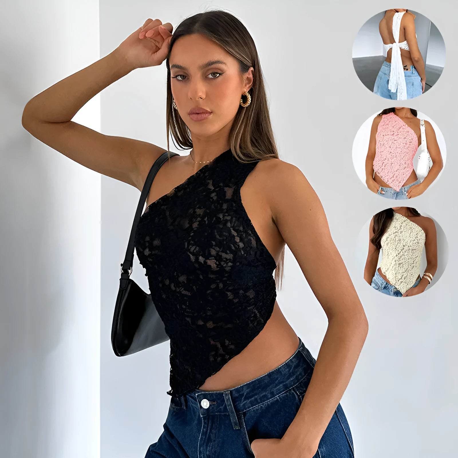 Women's lace backless top with asymmetrical neckline in solid colour