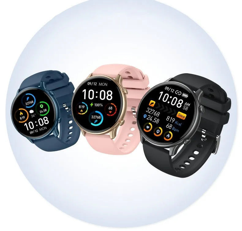 Round touch screen smart sports watch with silicone strap showing heart rate monitoring display.