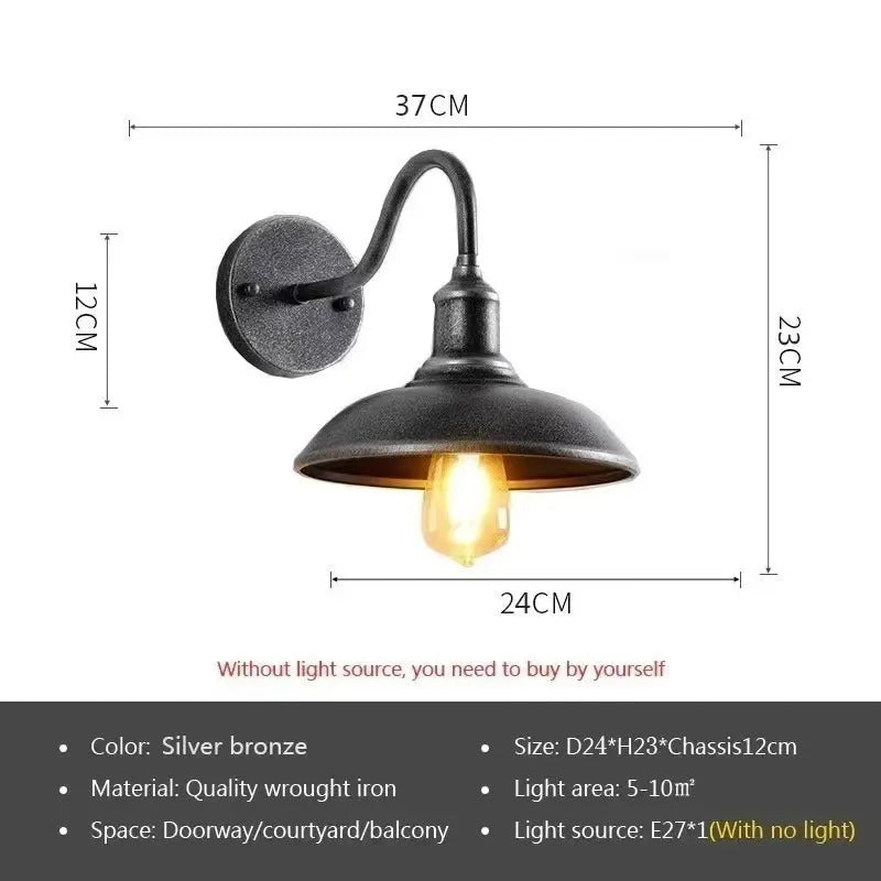 Retro style outdoor wall lamp in silver or copper finish with courtyard mounting bracket