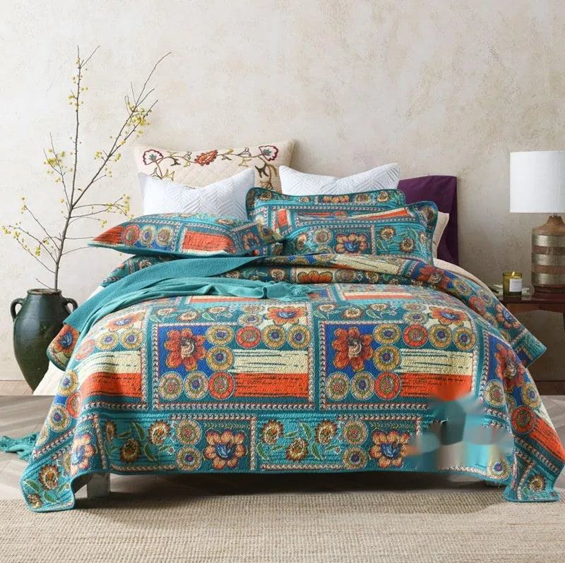 Pure cotton bedspread three-piece set with geometric pattern showing bed cover and pillowcases