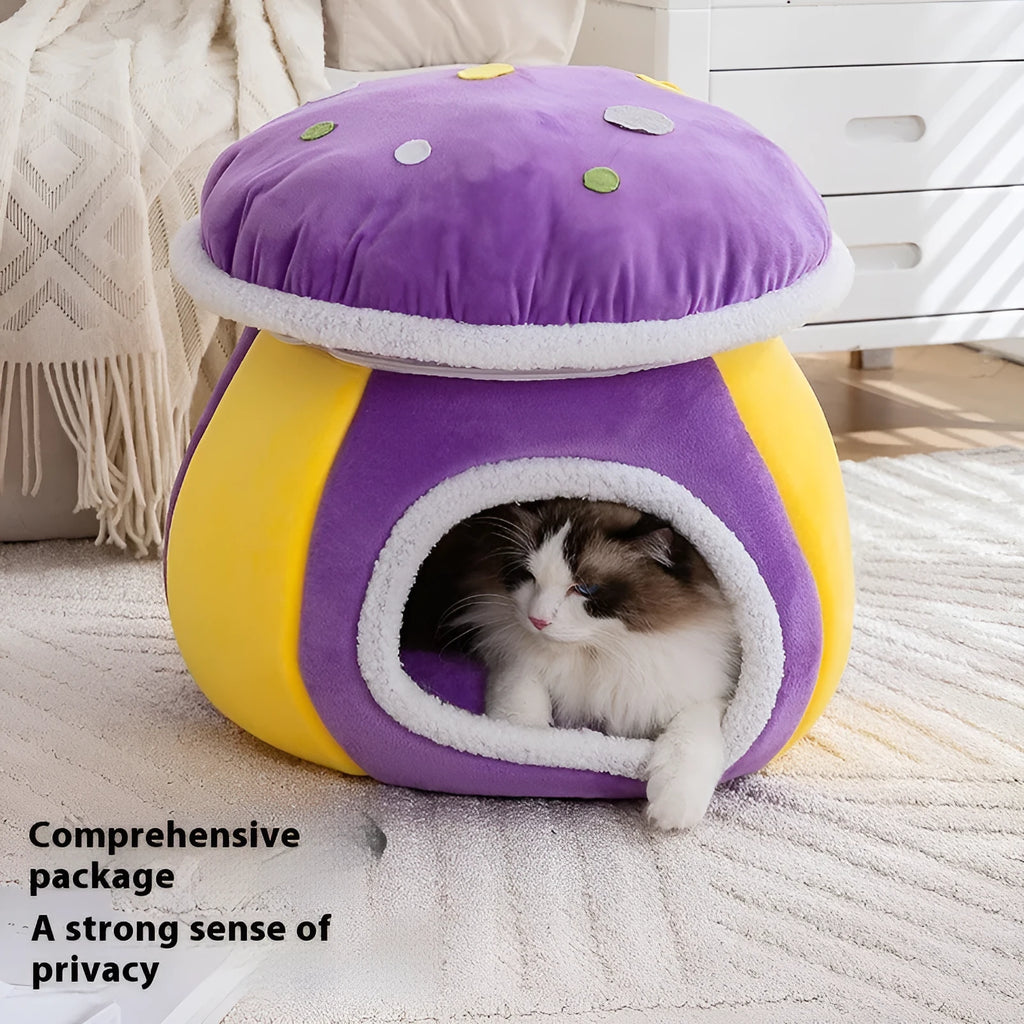 Grey mushroom-shaped cat nest bed with plush lining and a detachable blanket