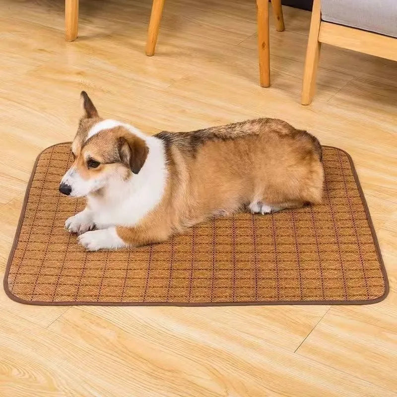 Brown rattan fibre dog cooling mat for summer use in multiple size options