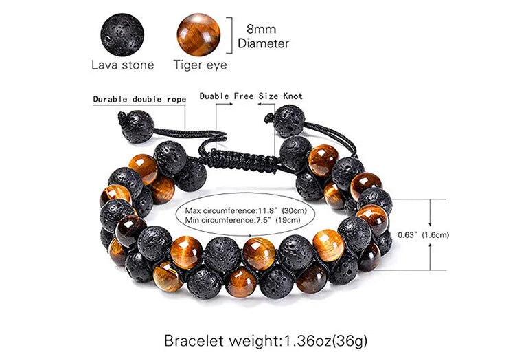 Matte black tiger eye agate couple bracelets with geometric beads on a neutral background.