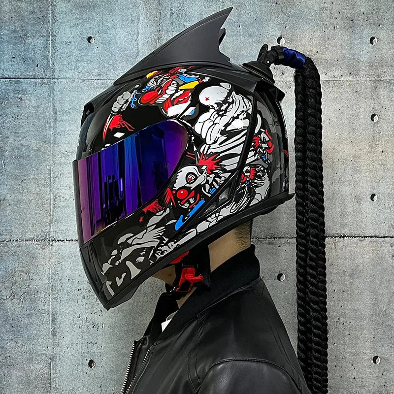 Couples' motorcycle helmet with dirty braids graphic design on black ABS full-face shell