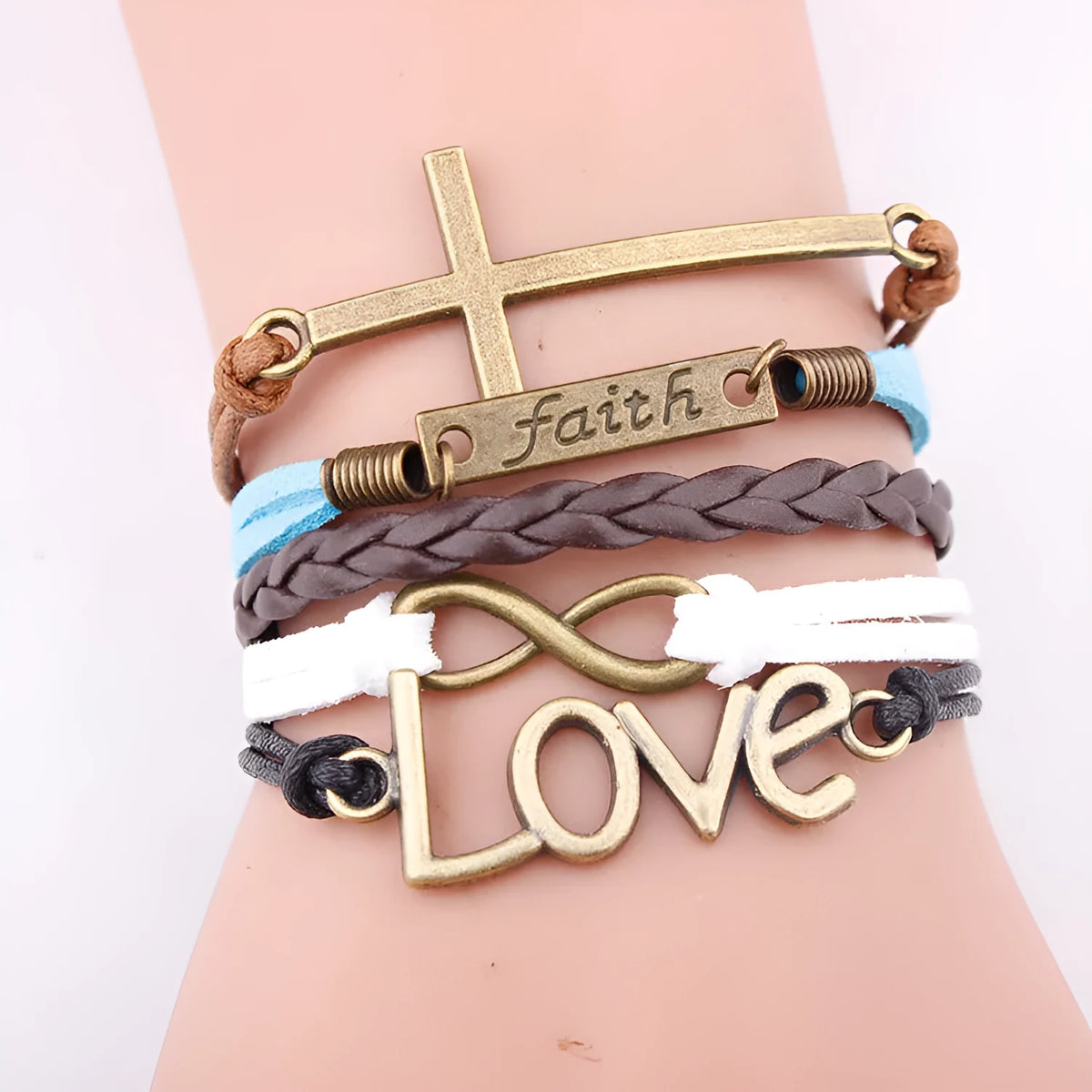 Multi-layer woven leather rope bracelet with love pendant and faith letter charm, 16cm + 5cm adjustable, unisex
