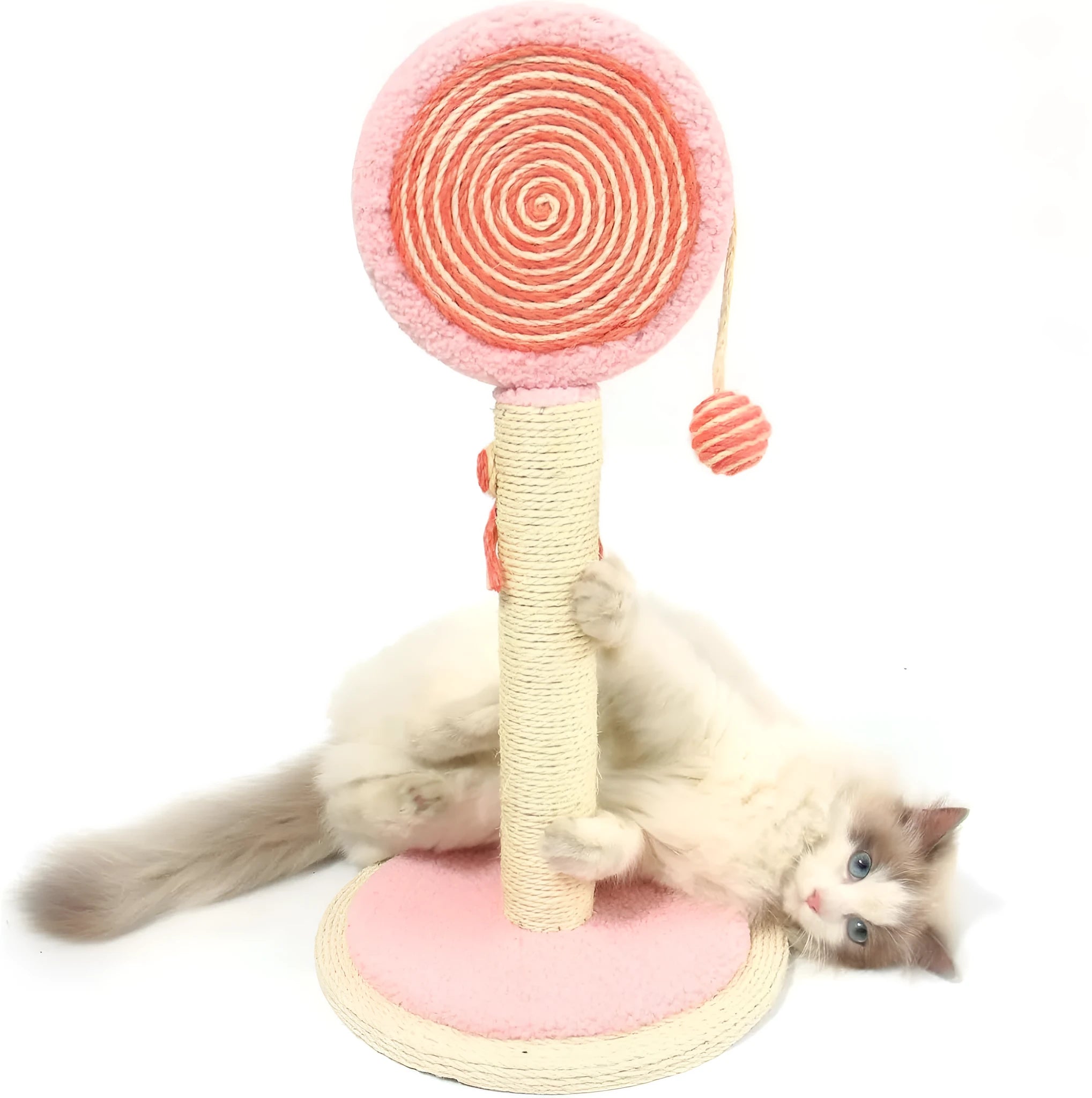 Blue cat scratching post with sisal rope, hanging ball toy, and a sturdy wooden base