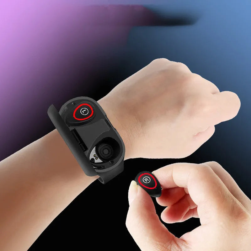 Smart bracelet and earphone combo in black, blue, or red with a 1-inch screen on a silicone wristband.