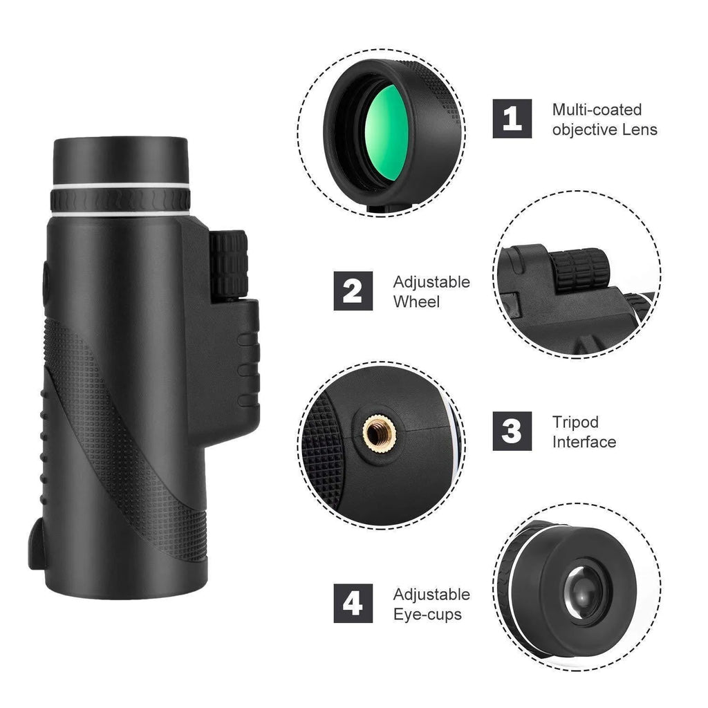 Black 40x60 HD monocular telescope with compact design and waterproof construction