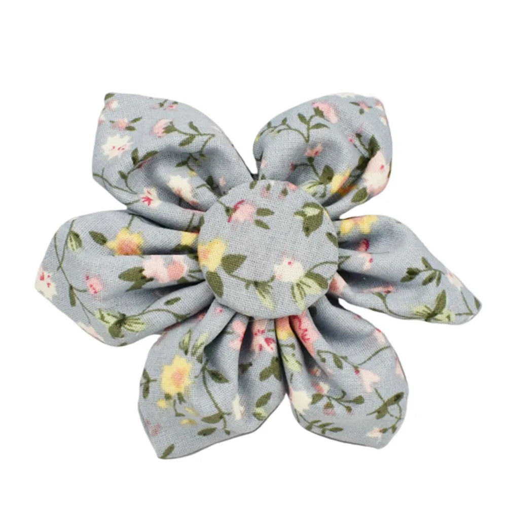 Blue floral polyester cotton dog collar with matching leash, bow tie, vest and poop bag holder set