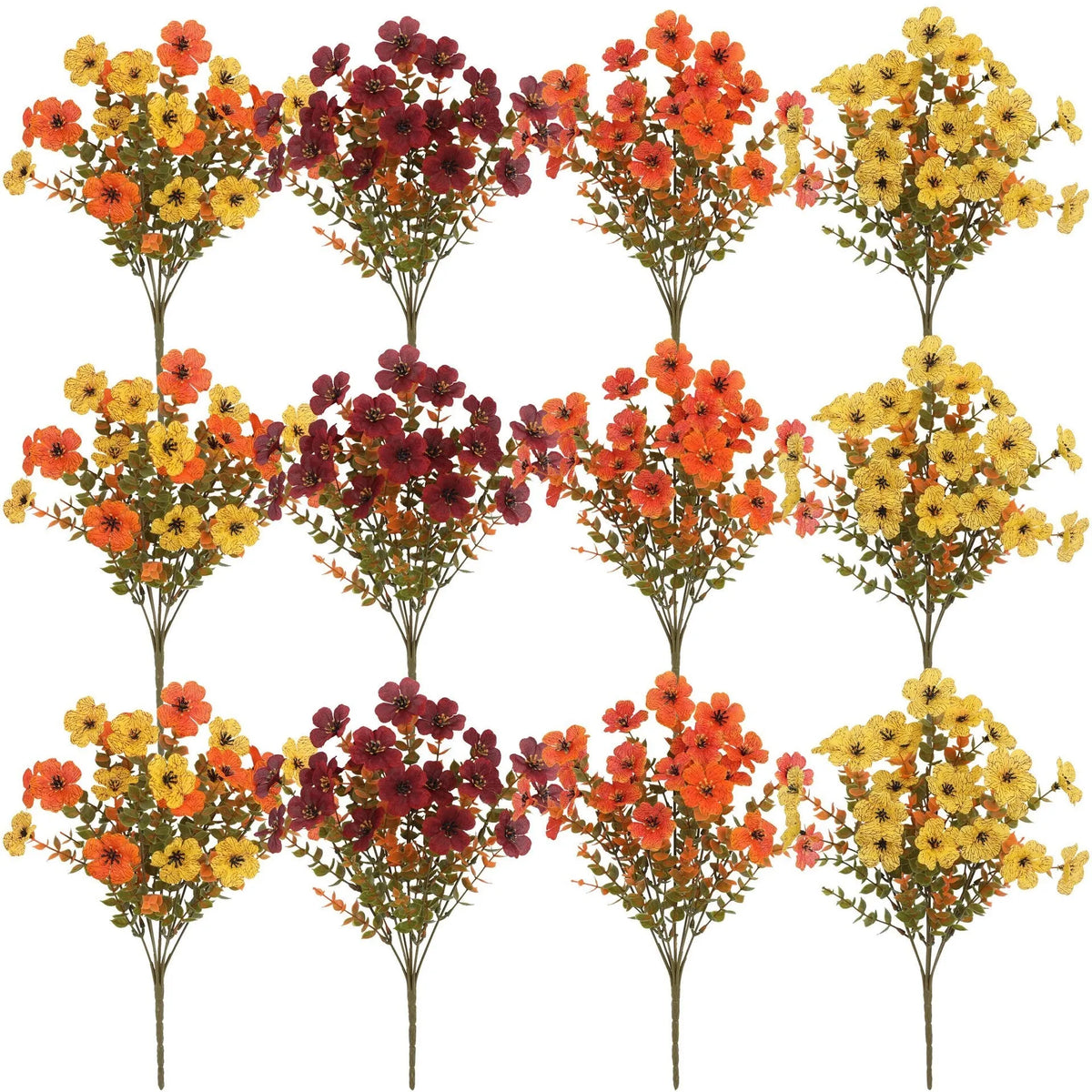 Artificial flower bouquet in autumn orange, red, and yellow colours for home and event decoration.