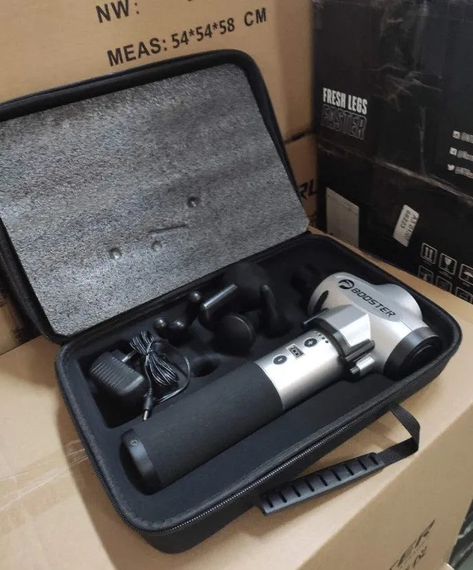Black and white percussion muscle massager with adjustable speed control and 12mm stroke depth