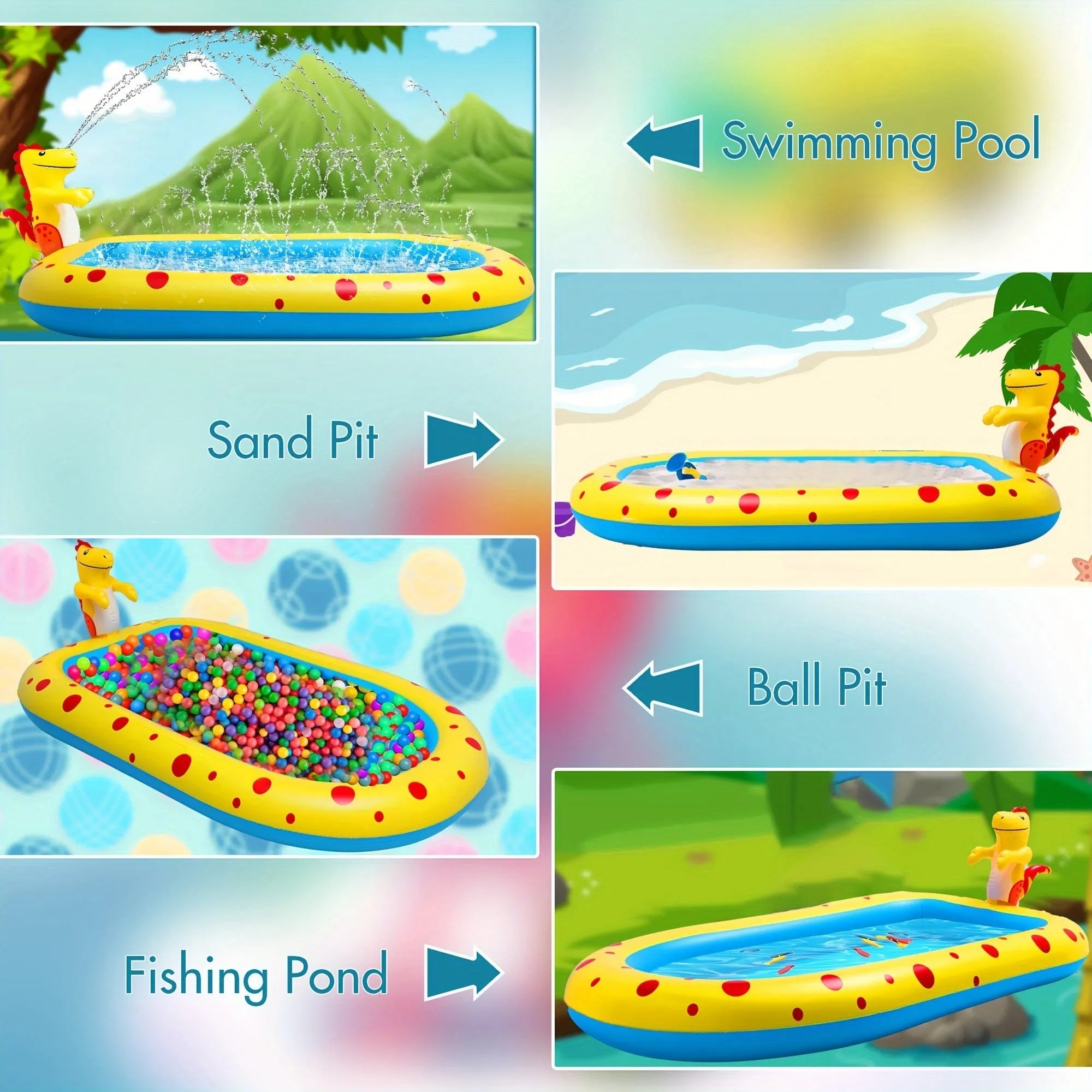 Blue inflatable dinosaur-shaped water pool with shark sprinkler toy for kids