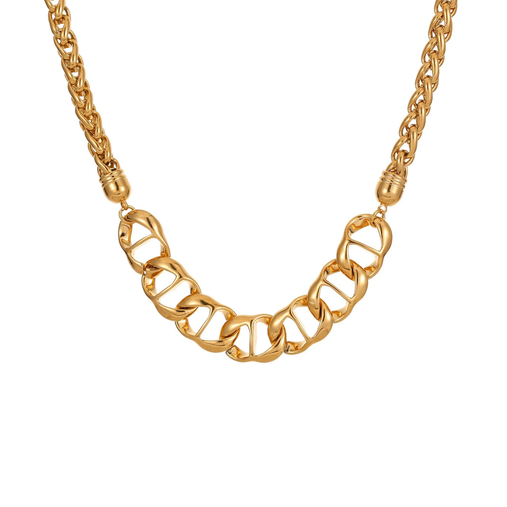 Gold plated stainless steel necklace with geometric pendant and regular chain for women